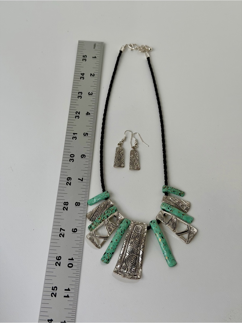 Silver Tone Jewelry Set Necklace &  Earrings Boho Pendant Turquoise  Speckle - Picture 4 of 5